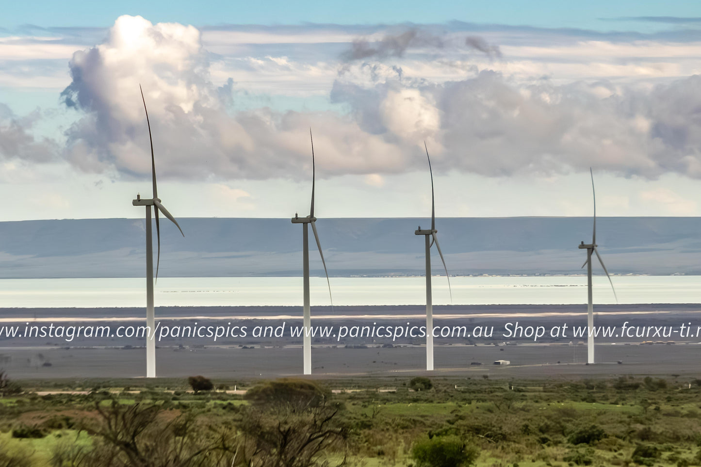 Wind turbines in a field with a cloudy sky