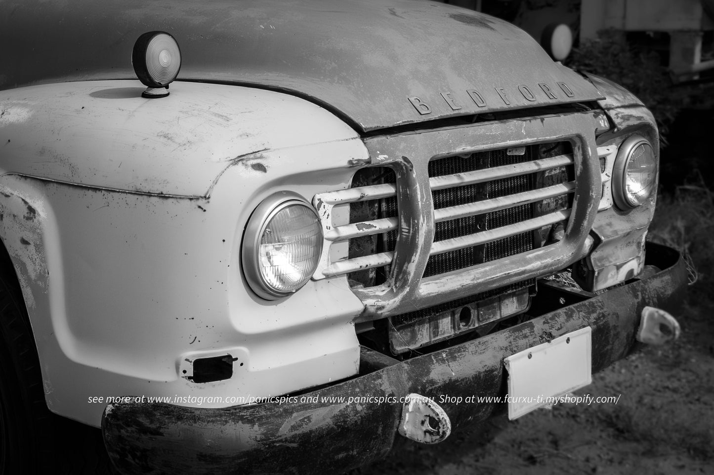 Vintage Bedford truck front grille in black and white