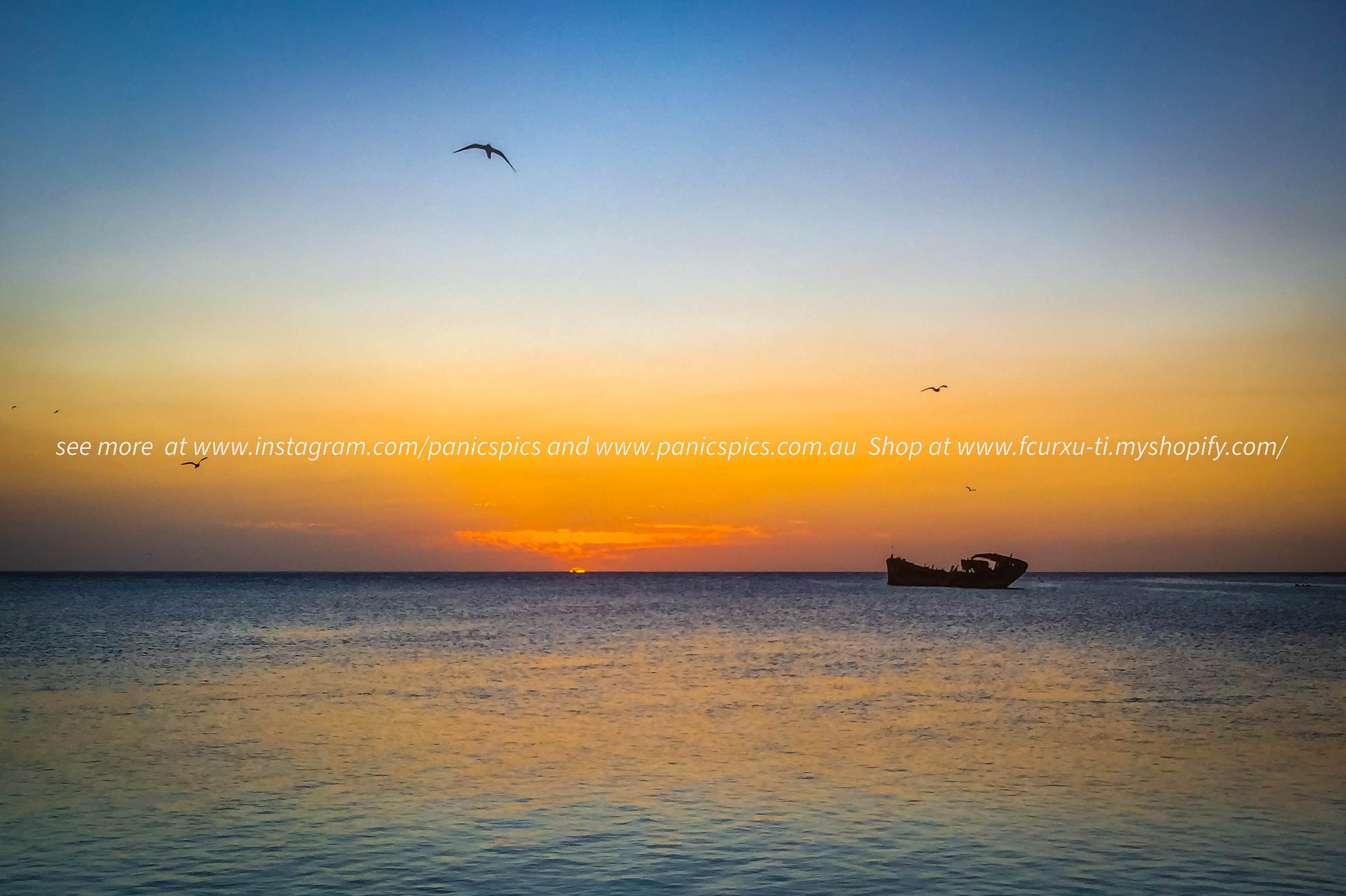 Sunset over the ocean with a boat and bird silhouettes.